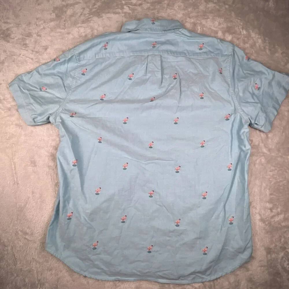 J.Crew Flamingo Embroidered Oxford Shirt Mens Large Blue Button Front Cotton